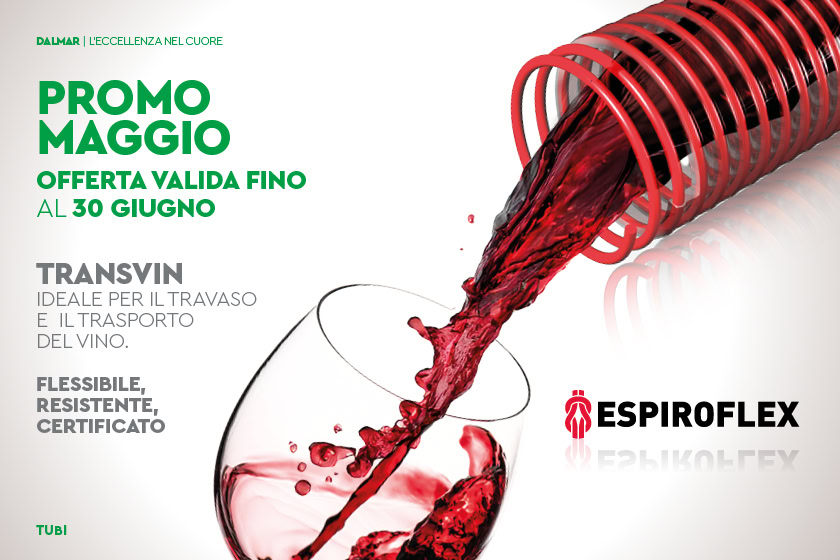 Tubo TRANSVIN per trasporto vino – immagine del tubo Espiroflex con vino rosso in movimento, promo Dalmar Maggio-Giugno 2025.